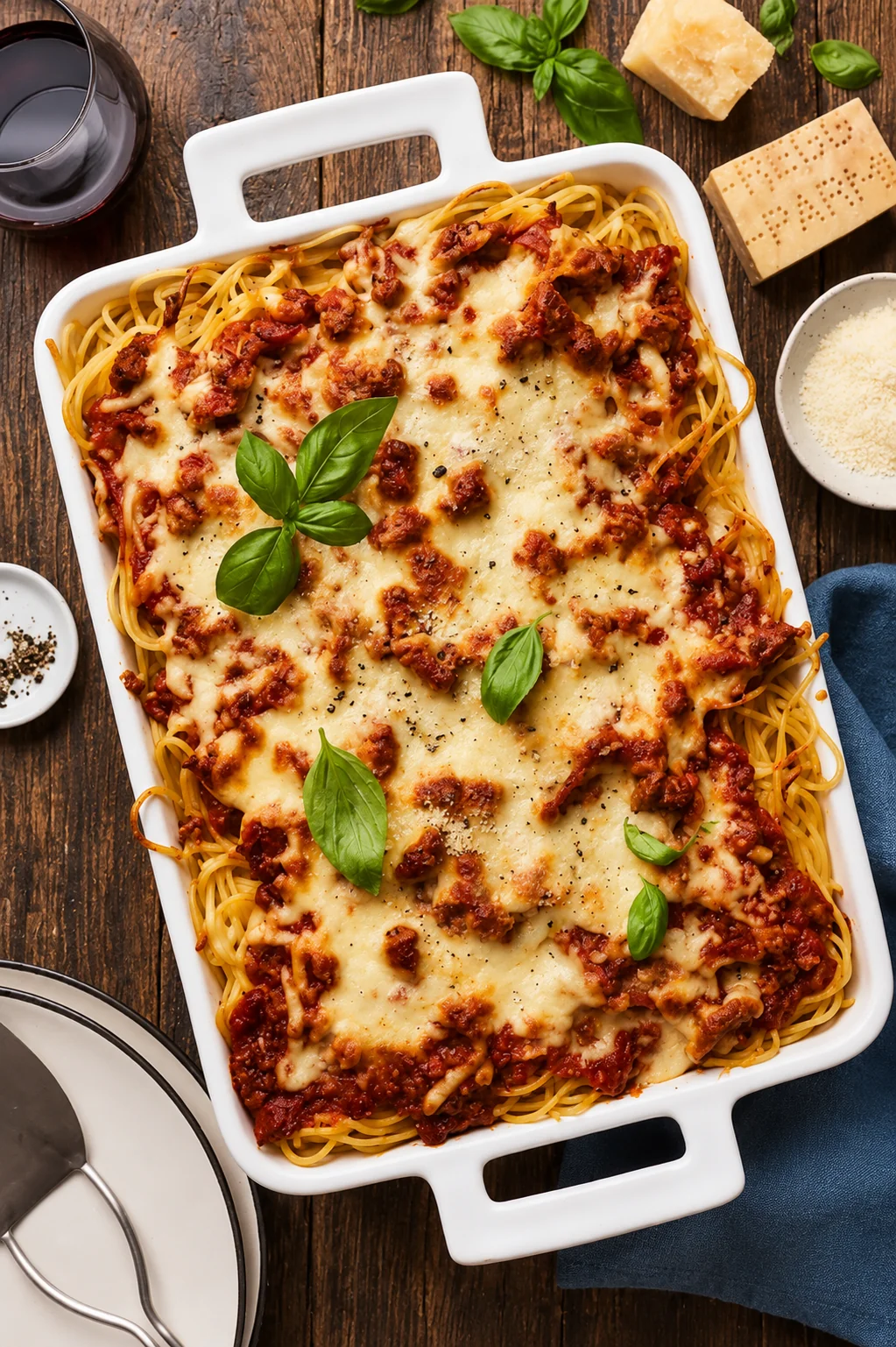 Baked spaghetti with homemade meat sauce near Crescent Heights, Calgary