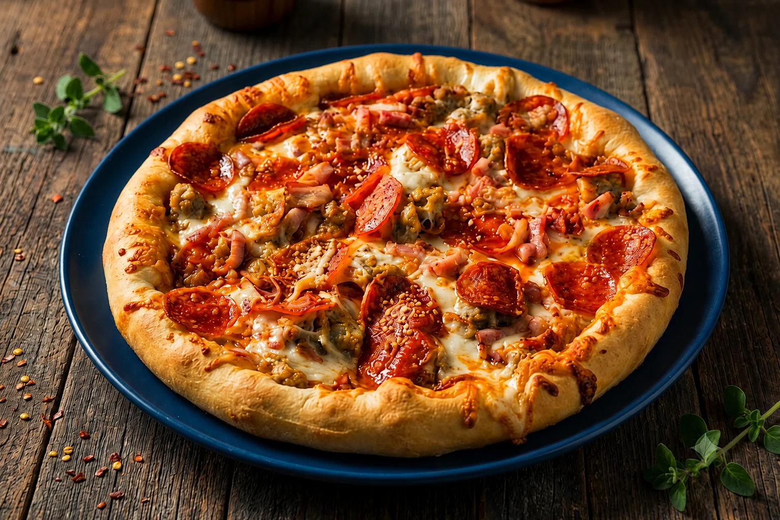 Meat Lovers pizza loaded with toppings at 4 St Pizza Ltd in Calgary NE
